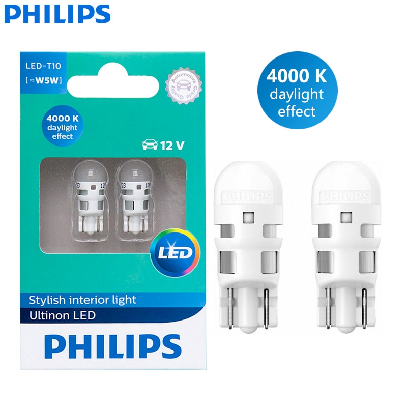 Philips Ultinon LED 4000K W5W T10 Warm White Auto Interior Bulbs Turn Signals LED Door Reading Lamps W2.1x9.5d 11961ULW4X2, 2pcs
