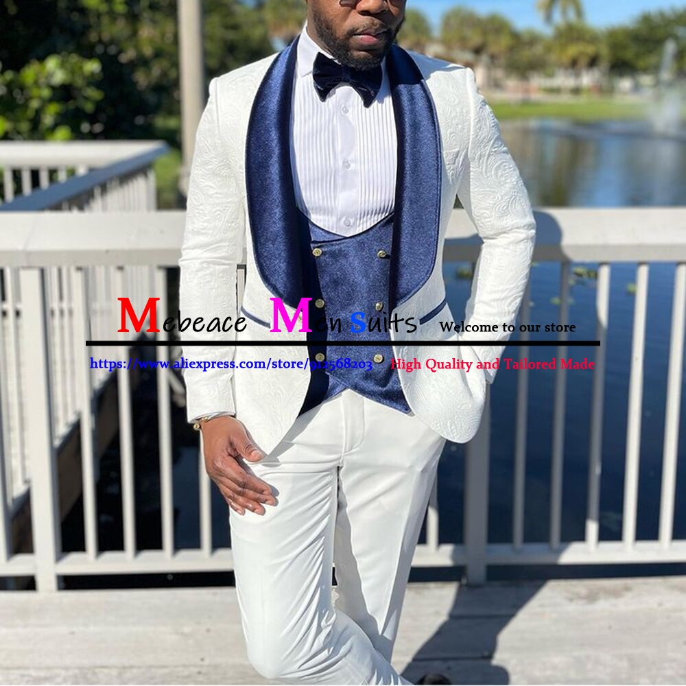 Costume Homme Pour Mariage Slim Fit Groom Party Tuxedo 3 Pieces Custom Made Mens Suit Luxury White Jacquard Wedding Men for Men