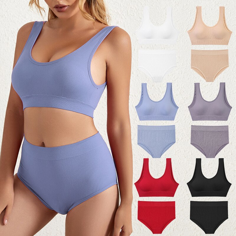 Sexy Seamless Tops Set High Waist Panties Women Wireless Underwear Suit Soft Padded Bras Set Backless Bralette Lingerie