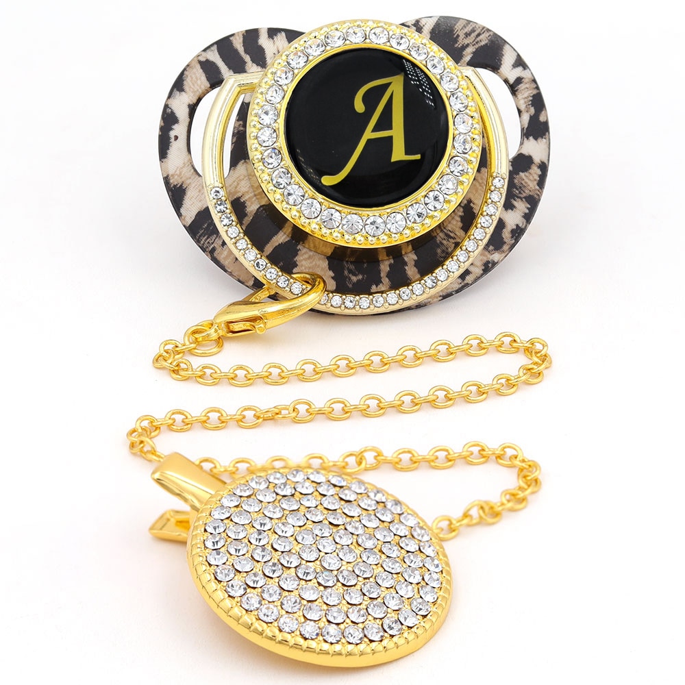 Pacifier Clip Bling Gold Pacifier Holder Leopard Case 26 Name Initials Infant Soother BPA Free For Baby Shower Gift chupetes