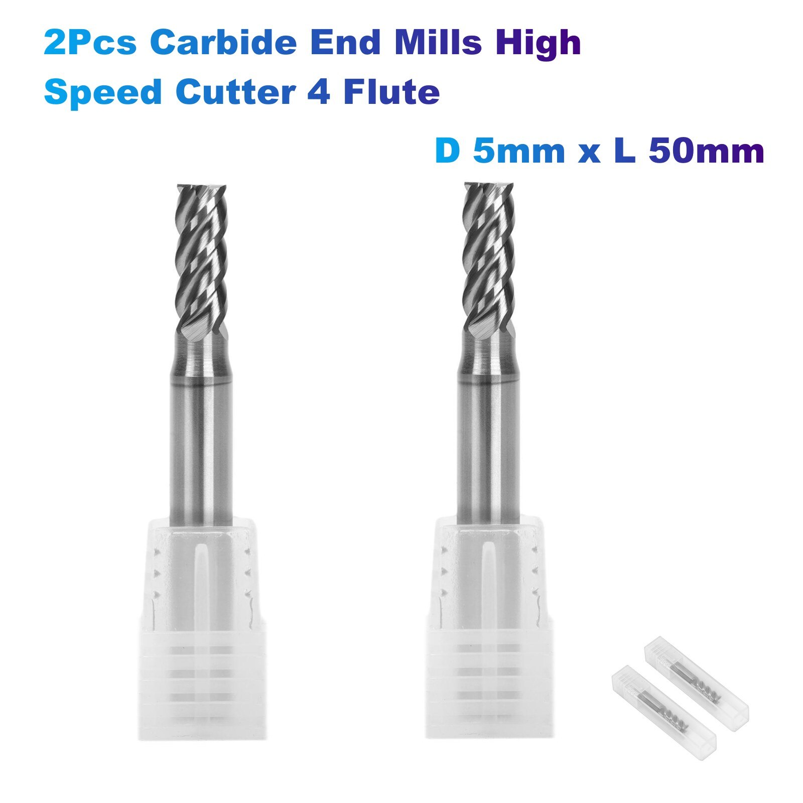 2Pcs Carbide End Mills High Speed Cutter 4 Flute (D 5mm x L 50mm) for Cutting High Hardness 58HRC, CNC Milling Hardened Metals