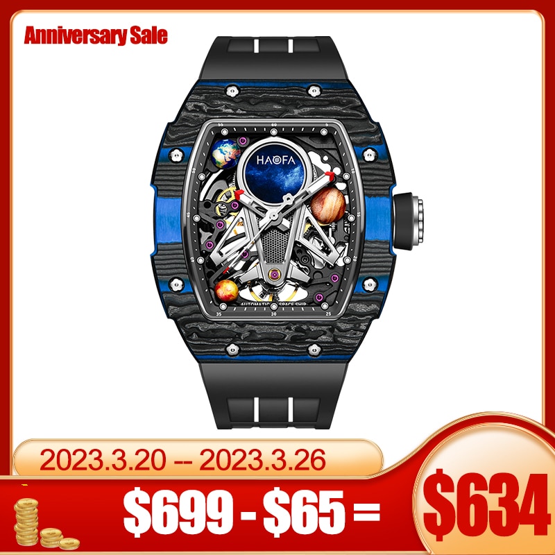 Haofa Automatic Mechanical Watch for Men 3D Interstellar Hollow Watch Carbon Fiber Sapphire Waterproof Luminous Casual Men Watch